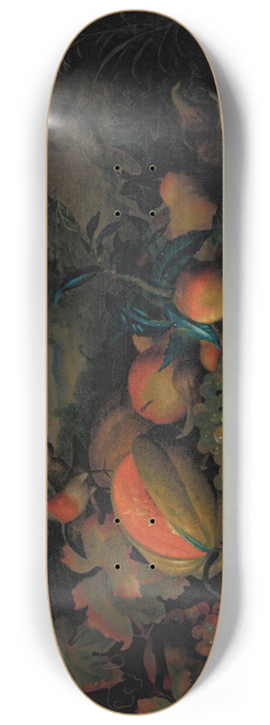Tobias Stranover - A split melon, peaches, plums, grapes, apples and currants with a parrot and a bullfinch, a mountainous landscape beyond 8.25 inch art skate deck