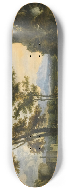 Tuscan School - An Extensive River Landscape With Herders Resting In The Foreground, A Fortification To The Left 8.25 inch art skate deck