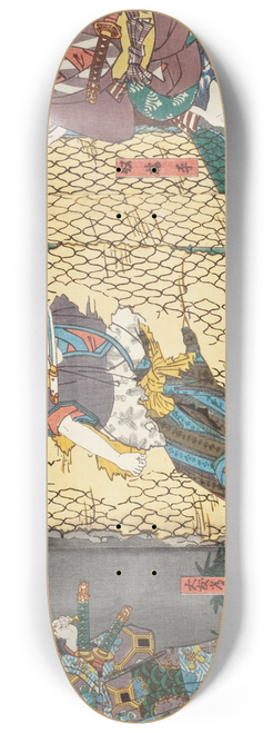 Utagawa Kunisada (Toyokuni III) - Actors in the Roles of Yoshida no Matsuwaka, tomo Hitachinosuke, and Yakko Kajihira 8.25 inch art skate deck