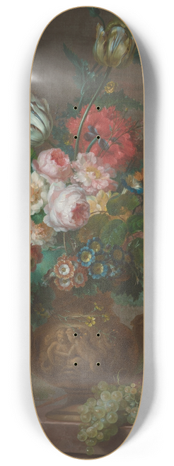 Willem van Leen - Still life with tulips and peonies in a vase on a ledge with fruit 8.25 inch art skate deck