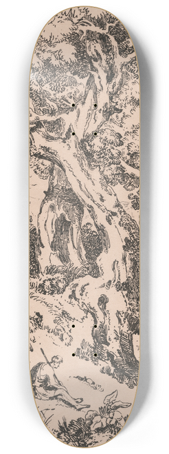 William Havell - Study of trees and scrubs with seated male figure 8.25 inch art skate deck