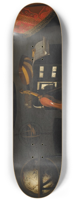 Bartolomeo Bettera - A still life with musical instruments and a globe on a table, a curtain behind 8.25 inch art skate deck