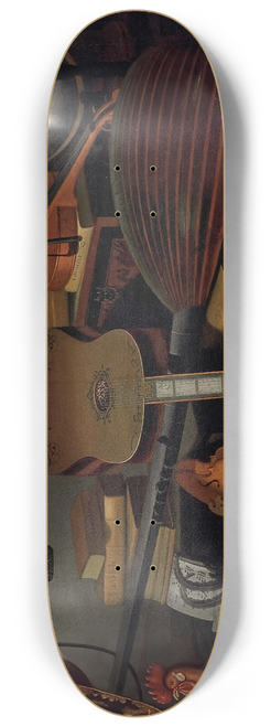 Bartolomeo Bettera - Musical instruments, books, music scores, a globe and a rooster on a table draped with a carpet 8.25 inch art skate deck
