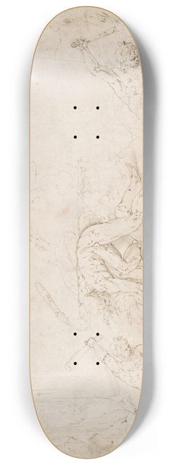 Battista Franco - Figure Studies; Three Sketches of Cain Killing Abel, with an Altar of Sacrifice at Center, Two Standing Women, a Hand, and a Seated Child with a Squirrel 8.25 inch art skate deck