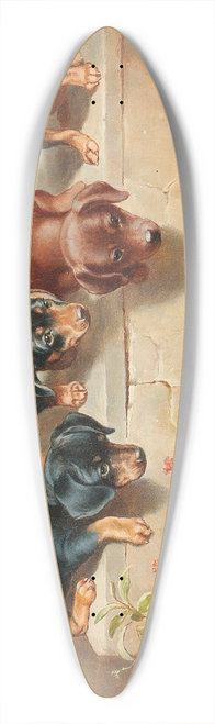 Carl Reichert - Curious dachshund puppies and a frog 39.3 inch art pintail longboard deck