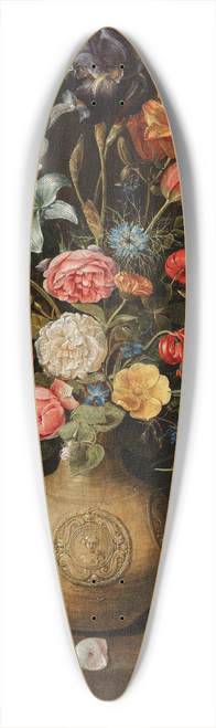 Clara Peeters - Roses, lilies, an iris and other flowers in an earthenware vase, with a pot of carnations and a butterfly on a ledge 39.3 inch art pintail longboard deck