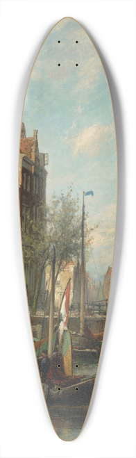 Cornelis Christiaan Dommelshuizen - Figures and ships on an Amsterdam canal with the Zuiderkerk in the background 39.3 inch art pintail longboard deck