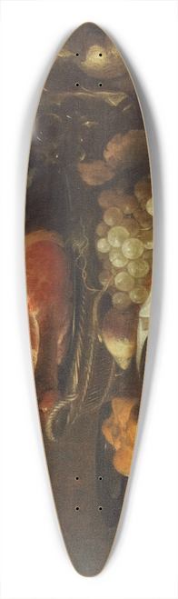 Cornelis Kruys - A pewter platter with a knife and bread roll, a wicker basket with a joint of ham, grapes and a pear, a roemer of wine on a partly-draped table 39.3 inch art pintail longboard deck