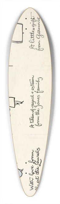 Cyril Kenneth Bird (Fougasse)  - Three cartoon figures of women carrying an aeroplane, a shell and a machine gun 39.3 inch art pintail longboard deck