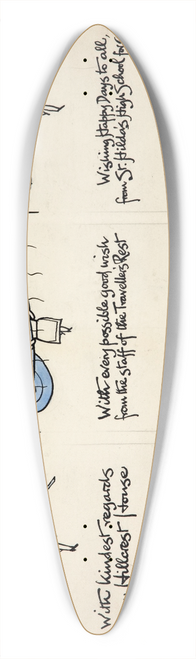 Cyril Kenneth Bird (Fougasse)  - Three cartoon figures of women carrying rifles, a balloon and a warship 39.3 inch art pintail longboard deck