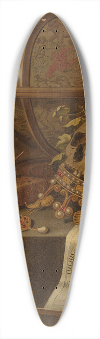 Edwaert Collier - A skull atop a jewelled crown, an astrological globe, an hourglass, a book, a shell with soap bubbles and an engraved portrait of the Emperor Augustus on a draped table 39.3 inch art pintail longboard deck