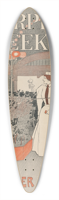 Edward Penfield - Man and woman sit in a crowded caf looking over a crowd with the man pointing with a cane 39.3 inch art pintail longboard deck