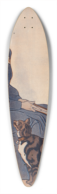 Edward Penfield - Woman sitting on a chair holding a book with a cat looking on. 39.3 inch art pintail longboard deck