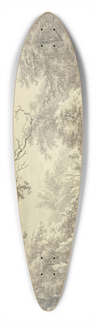 Egbert van Drielst - Bauernhof mit groem Heuhaufen in einem Wald, im Mittelgrund Schafe an einem Weiher 39.3 inch art pintail longboard deck