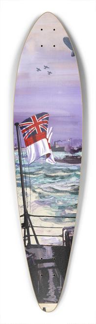Frederick Donald Blake - Arms for Russia  a great convoy of British ships escorted by Soviet fighters sails into Murmansk harbour with vital supplies for the Red Army. 39.3 inch art pintail longboard deck