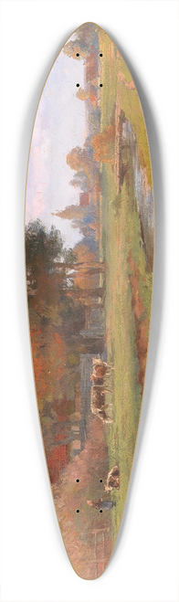 Hugo Darnaut - River Landscape with Small Herd of Cows and a Village in the background 39.3 inch art pintail longboard deck
