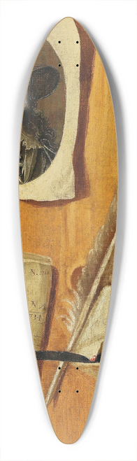 Jacobus Plasschaert - A trompe-loeil painting with an engraved portrait of King Charles I, an issue of Fogs Journal, dated 1734, a quill pen and sealing wax, held against a wooden backboard 39.3 inch art pintail longboard deck