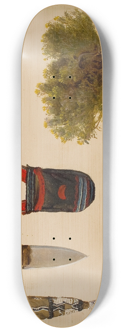 Charles Ferdinand Wimar - Studies of Beaded Scabbard and Knife, Decorated Pouch, Stone Axe, Branch of Bull Berry, and Hill Sage 8.25 inch art skate deck Charles Ferdinand Wimar - Studies of Beaded Scabbard and Knife, Decorated Pouch, Stone Axe, Branch of Bull Berry, and Hill Sage 8.25 inch art skate deck