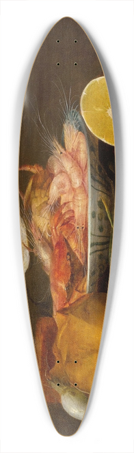 Joris van Son - Tabletop still life, including a herring on a pewter dish, a porcelain bowl of shrimp, a wine glass, and a partially-peeled lemon 39.3 inch art pintail longboard deck