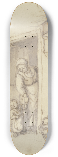 Adriaen van Ostade - Studienblatt; Eine Mutter und ihre Tochter in der Haustr, ein Mdchen an der Hand der Mutter, und zwei sitzende Jungen 8.25 inch art skate deck