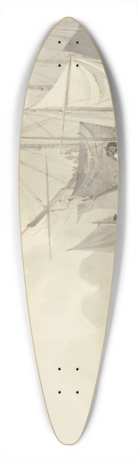 Leendert de Koningh - Am Strand liegen viele Schiffe, ein Schiffskapitn in Uniform geht nach links mit mehreren Personen und einem Hund 39.3 inch art pintail longboard deck