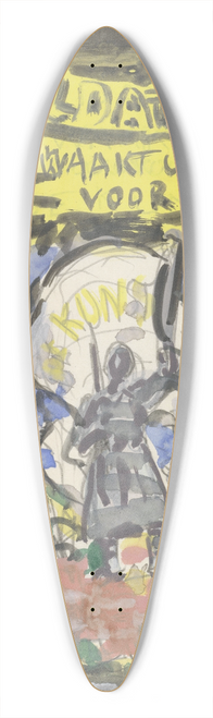 Leo Gestel - Ontwerpschets affiche voor propaganda kunstbescherming in het leger, schets van soldaat frontaal gezien staand op een bakstenen muurtje, erboven de tekst Soldaten ! waakt ook voor Kunst. 39.3 inch art pintail longboard deck