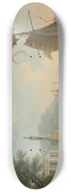 Claude-Joseph Vernet - A Mediterranean Harbor At Sunset With Fisherfolk At The Waters Edge, A Lighthouse And A Man Of War At Anchor In The Bay 8.25 inch art skate deck