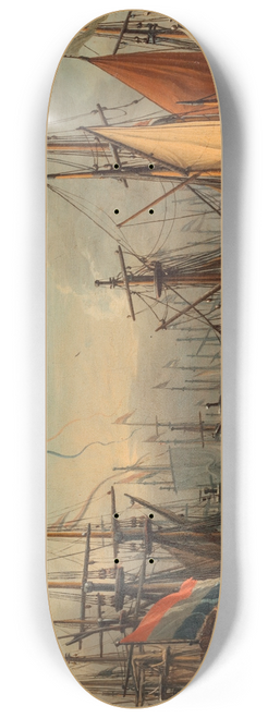 Aernout Smit - A view of the IJ harbour in winter, Amsterdam, with figures skating between the ships, a figure seated on an ice floe in the foreground 8.25 inch art skate deck