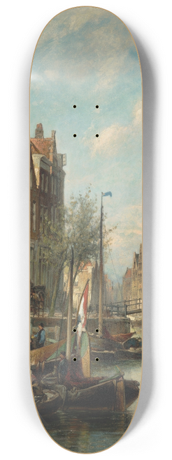 Cornelis Christiaan Dommelshuizen - Figures and ships on an Amsterdam canal with the Zuiderkerk in the background 8.25 inch art skate deck