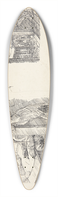 Peter Hansen - To udkast til prsten Hans Madsen, der ophngt ved tommelfingrene lytter til Fjendens rdslagning 39.3 inch art pintail longboard deck