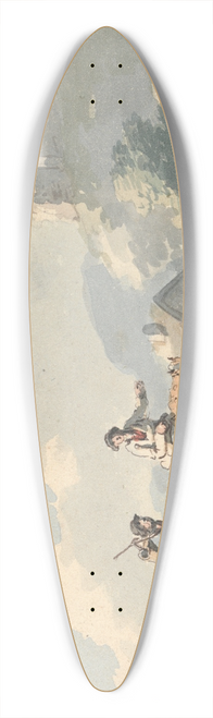 Peter La Cave - Composition: two travellers and a dog on a road passing cottages, with ruins on a hill 39.3 inch art pintail longboard deck