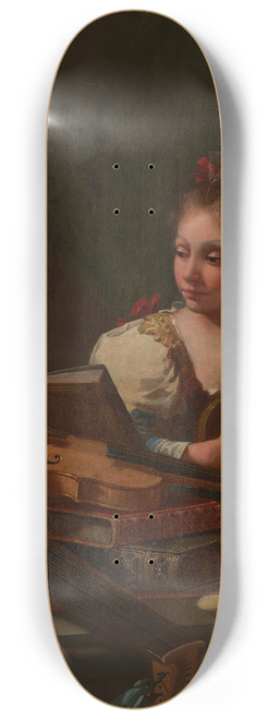 Cristoforo Munari - A girl playing a mandora, with a lute, a violin, a recorder, books and blue and white porcelain on a table 8.25 inch art skate deck