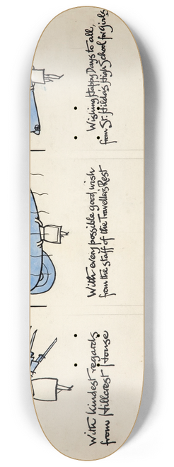 Cyril Kenneth Bird (Fougasse)  - Three cartoon figures of women carrying rifles, a balloon and a warship 8.25 inch art skate deck Cyril Kenneth Bird (Fougasse)  - Three cartoon figures of women carrying rifles, a balloon and a warship 8.25 inch art skate deck