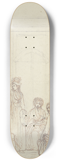 Daniel Nikolaus Chodowiecki - Clarissa steht, in Hut und Umhang, inmitten ihrer Verwandten 8.25 inch art skate deck