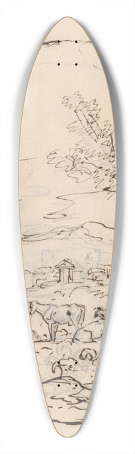 Sawrey Gilpin - Cattle in a field with mountains and bridge in background 39.3 inch art pintail longboard deck