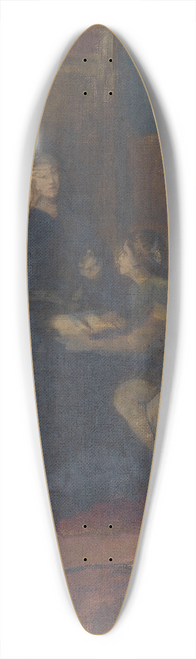 Susanne Renate Granitsch - lskizze einer in einem Innenraum sitzenden Frau in langem Gewand, vor ihr ein sitzender Page mit aufgeschlagenem Buch 39.3 inch art pintail longboard deck