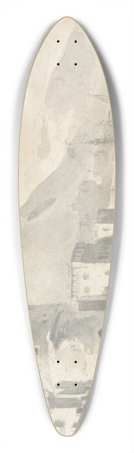 Thomas Wijck - Fortified Buildings rising Steeply from a River Bank with Boat centre and distant Mountains 39.3 inch art pintail longboard deck