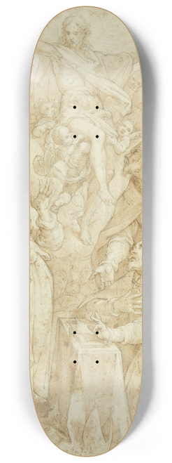 Denys Calvaert - Kristus i skyerne, bret af engle, viser sig for en biskop ved en lsepult, en biskophelgen Skt Augustin og Catarina af Alexandria 8.25 inch art skate deck