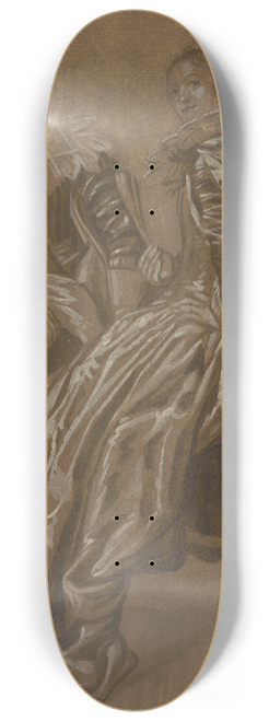 Dirck Hals - Zwei reichgekleidete hollndische Frauen an einem Tisch sitzend, die vordere hat ihr Gesicht gegen den Beschauer gedreht, die weiter zurcksitzende blickt auf die erstere 8.25 inch art skate deck