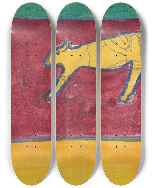 Triptych art skateboard deck of Spencer Frederick Gore Cave Of The Golden Calf Study For Mural Of Calf And Worshipping Figures by Spencer Frederick Gore (1878-1914)