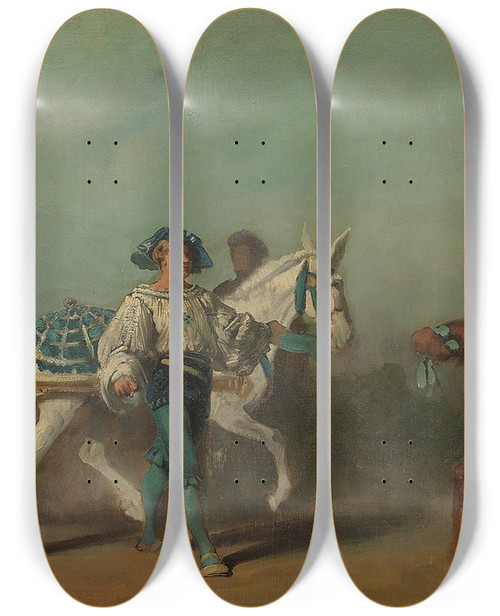Triptych art skateboard deck of Hans Makart Entwurf Zum Festzug 1879 Die Spengler by Hans Makart (1840-1884)