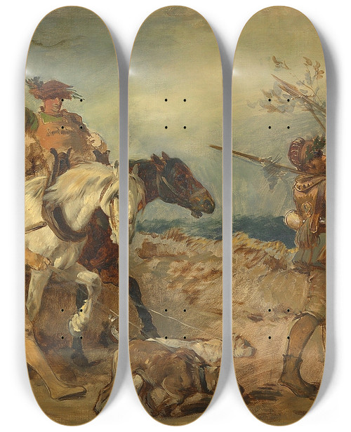 Triptych art skateboard deck of Hans Makart Entwurf Zum Festzug 1879 Jagdgruppe Mit Beutewagen by Hans Makart (1840-1884)