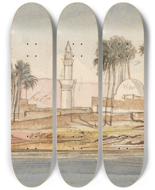 Triptych art skateboard deck of Edward Lear Sheikh Abadeh 320 Pm 6 January 1867 by Edward Lear (1812-1888)