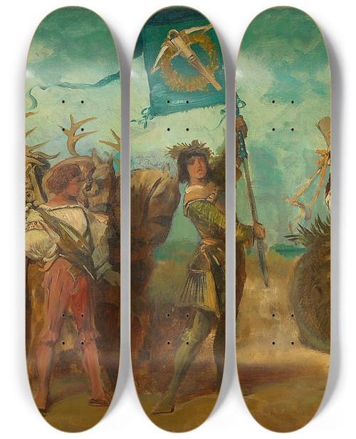 Triptych art skateboard deck of Hans Makart Entwurf Zum Festzug 1879 Festwagen Der Jagd by Hans Makart (1840-1884)