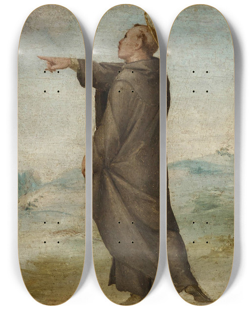 Triptych art skateboard deck of Pier Francesco Foschi St Philip Benizzi And The Gamblers by Pier Francesco Foschi (1502-1567)