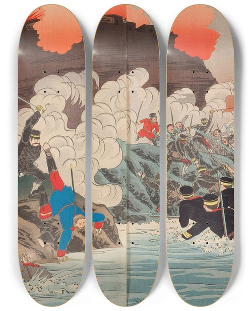 Triptych art skateboard deck of Watanabe Nobukazu Great Fierce Battle At Jiuliancheng by Watanabe Nobukazu (1872-1944)
