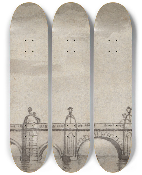 Triptych art skateboard deck of Samuel Wale London Bridge by Samuel Wale (1721-1786)
