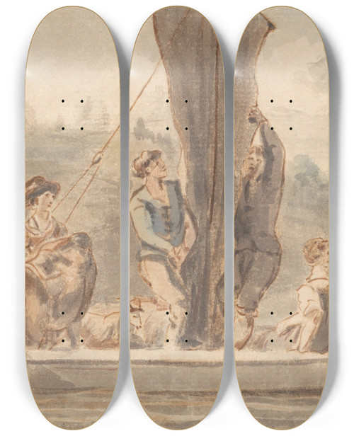 Triptych art skateboard deck of Paul Sandby River Ferry With Many Passengers And Animals by Paul Sandby (1731-1809)