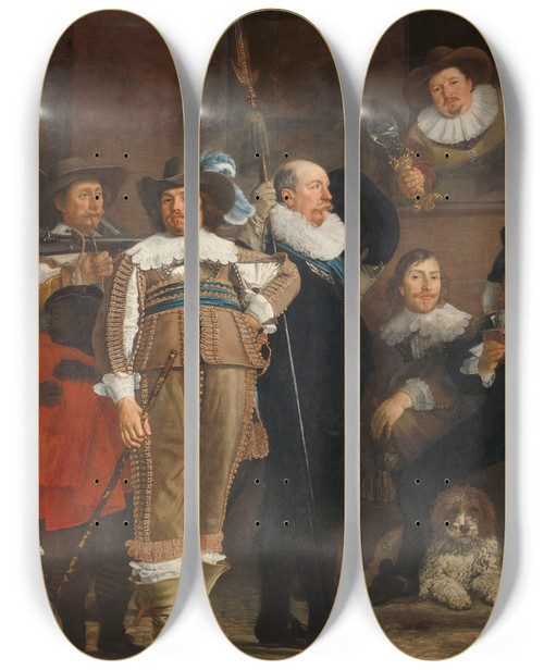 Triptych art skateboard deck of Bartholomeus Van Der Helst Militia Company Of District Viii Under The Command Of Captain Roelof Bicker by Bartholomeus van der Helst (1613-1670)