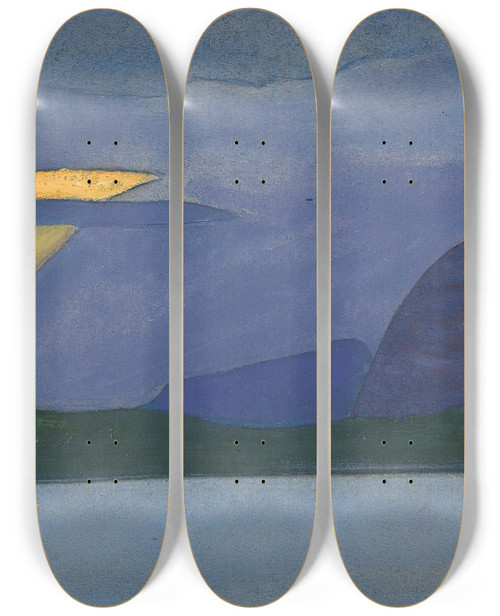 Triptych art skateboard deck of Nicholas Roerich Sunset The Castle Mount by Nicholas Roerich (1874-1947)